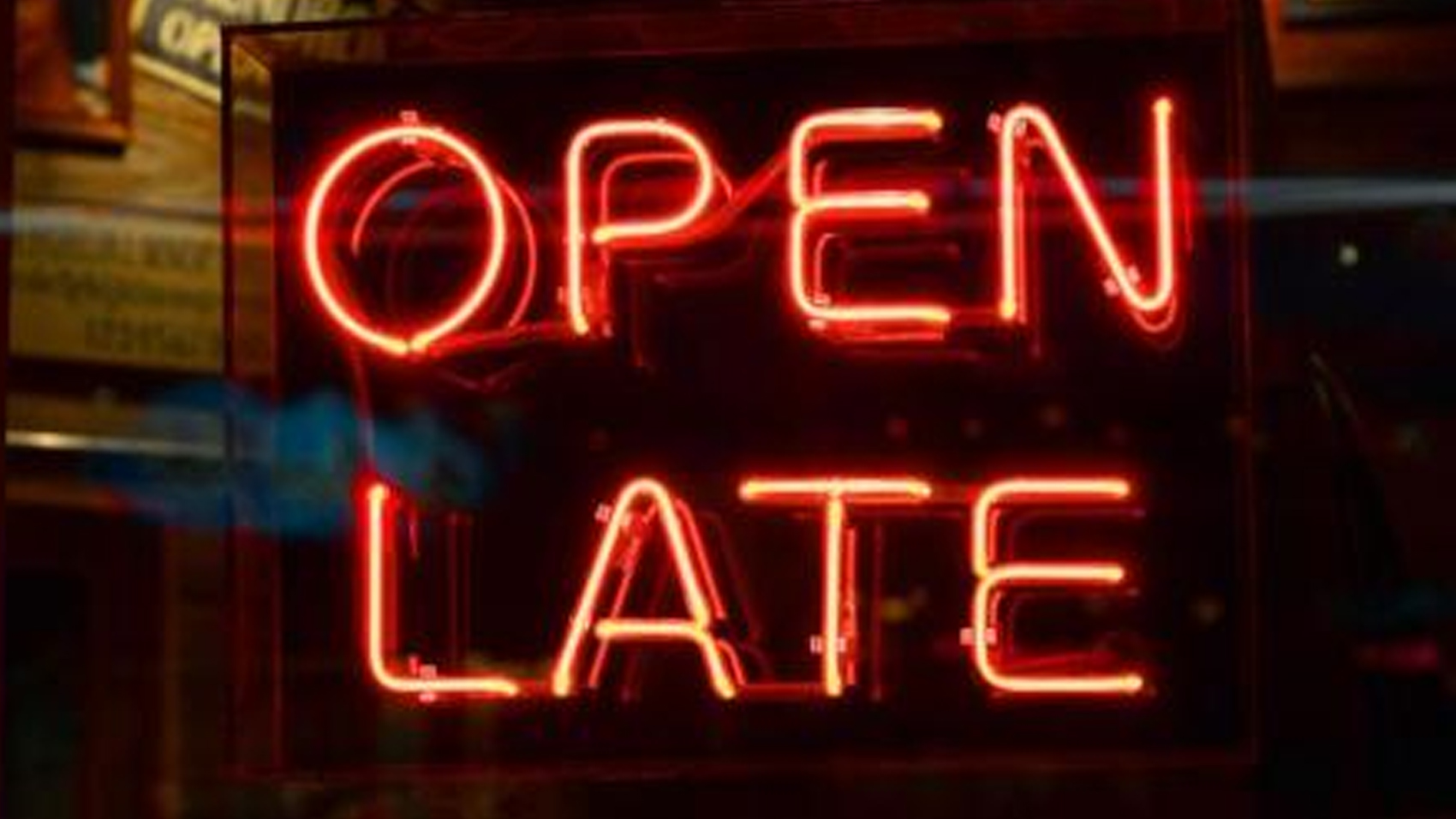 Open late. Open late. Open late. Open late. Neon open air.