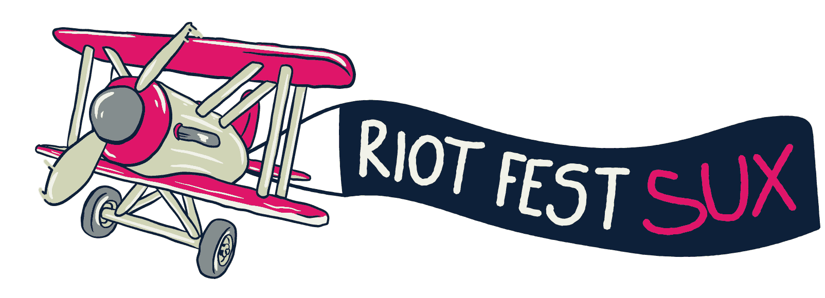 Riot Fest suuuuuuuuuux airplane with a banner that says "Riot Fest S-U-X"