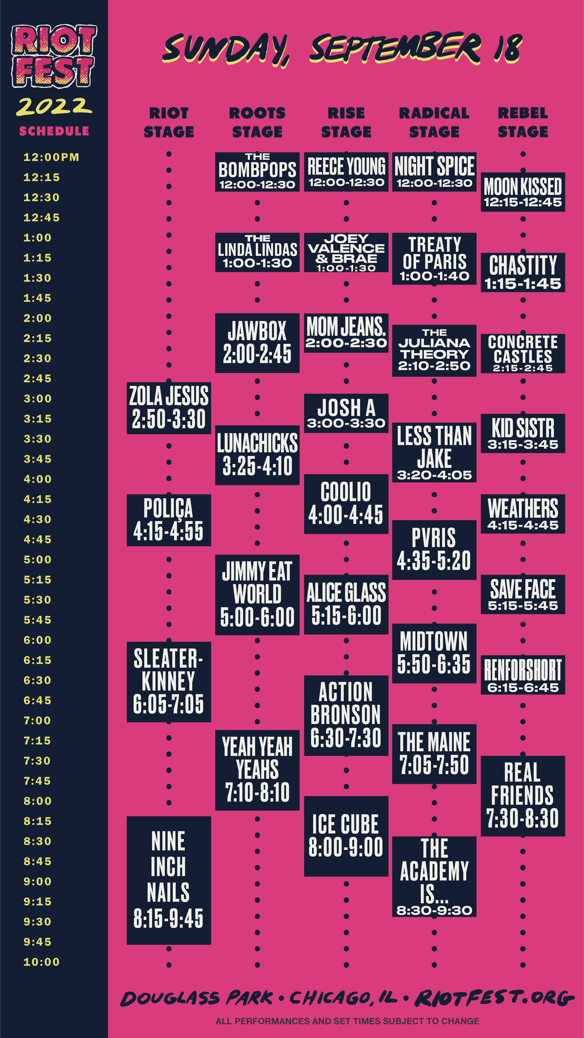 Riot Fest 2022 Sunday Schedule - September 18th