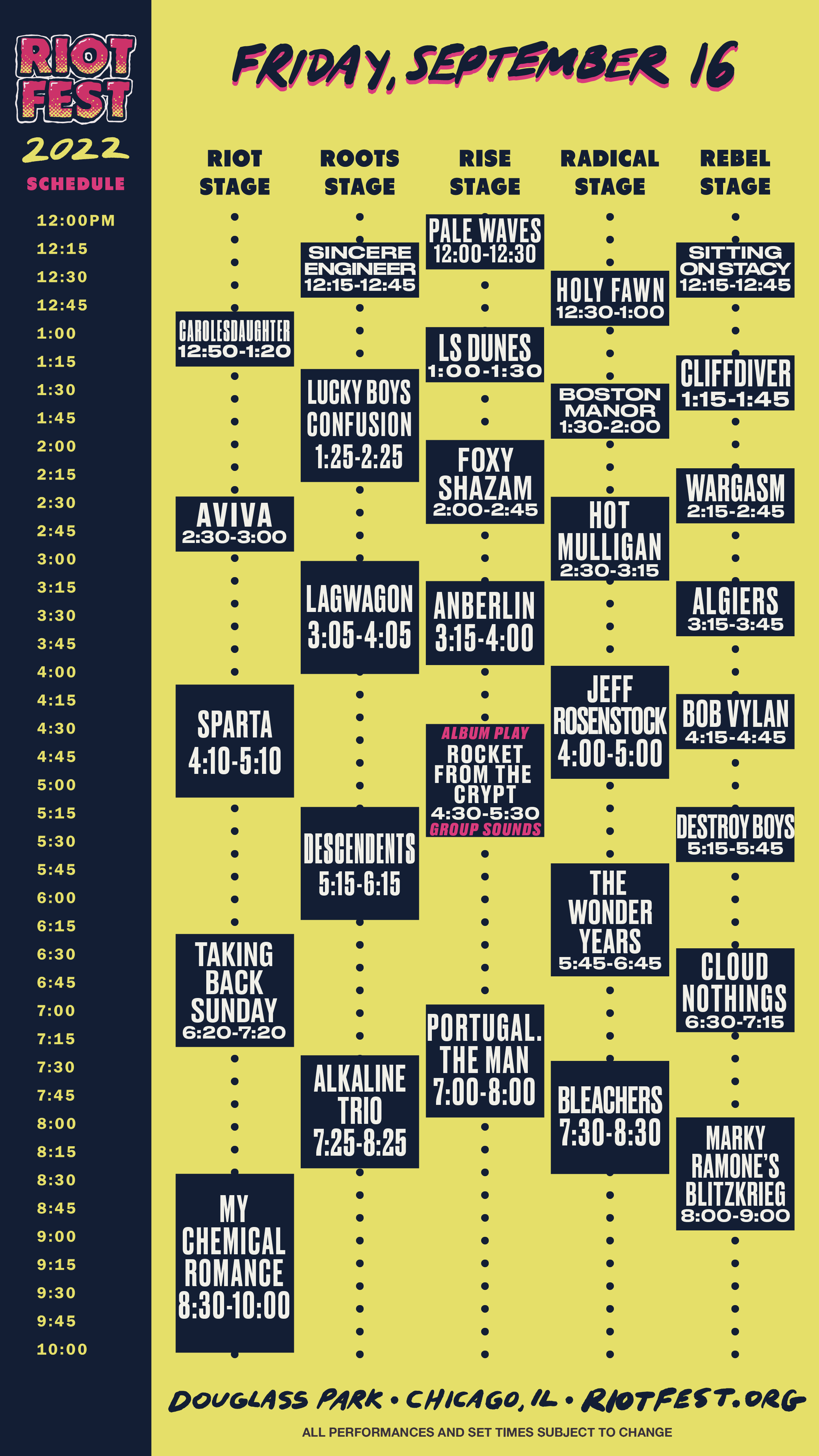 Riot Fest 2022 Friday Schedule - September 16th