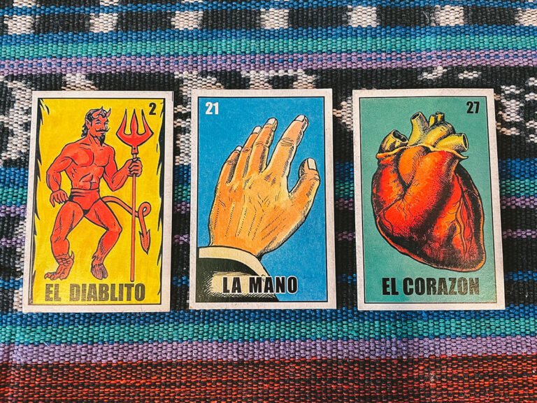 Cards from the Latinx game Lotería at Mi Corazon Cafe in the Pilsen neighborhood in Chicago.