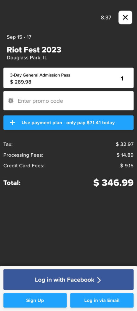 Tixr payment plan blue button