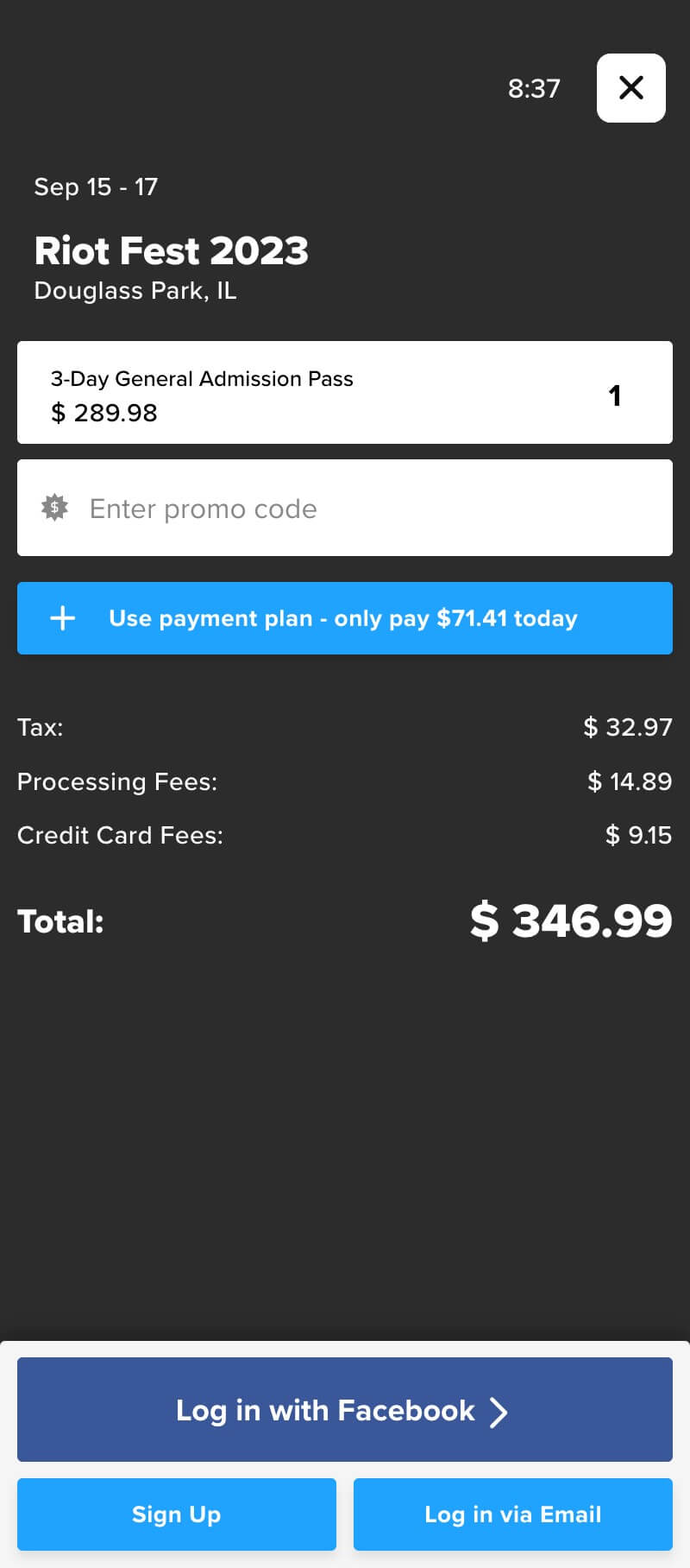 Riot Fest Ticket Payment Plans with Tixr