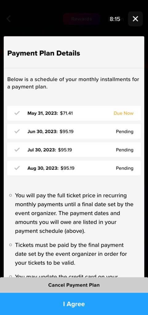 Tixr payment plan details for Riot Fest 2023