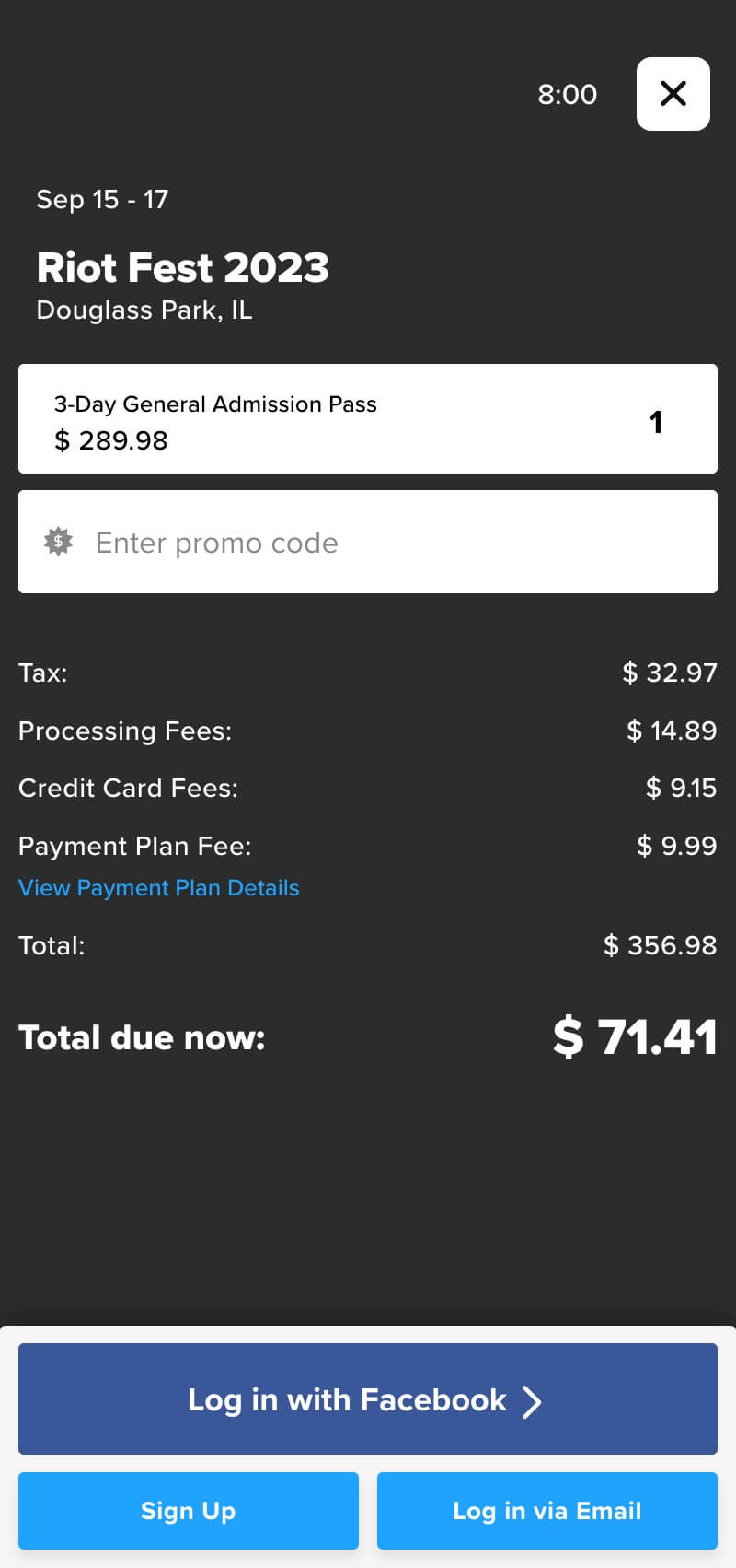 Tixr payment plan payment details for Riot Fest 2023