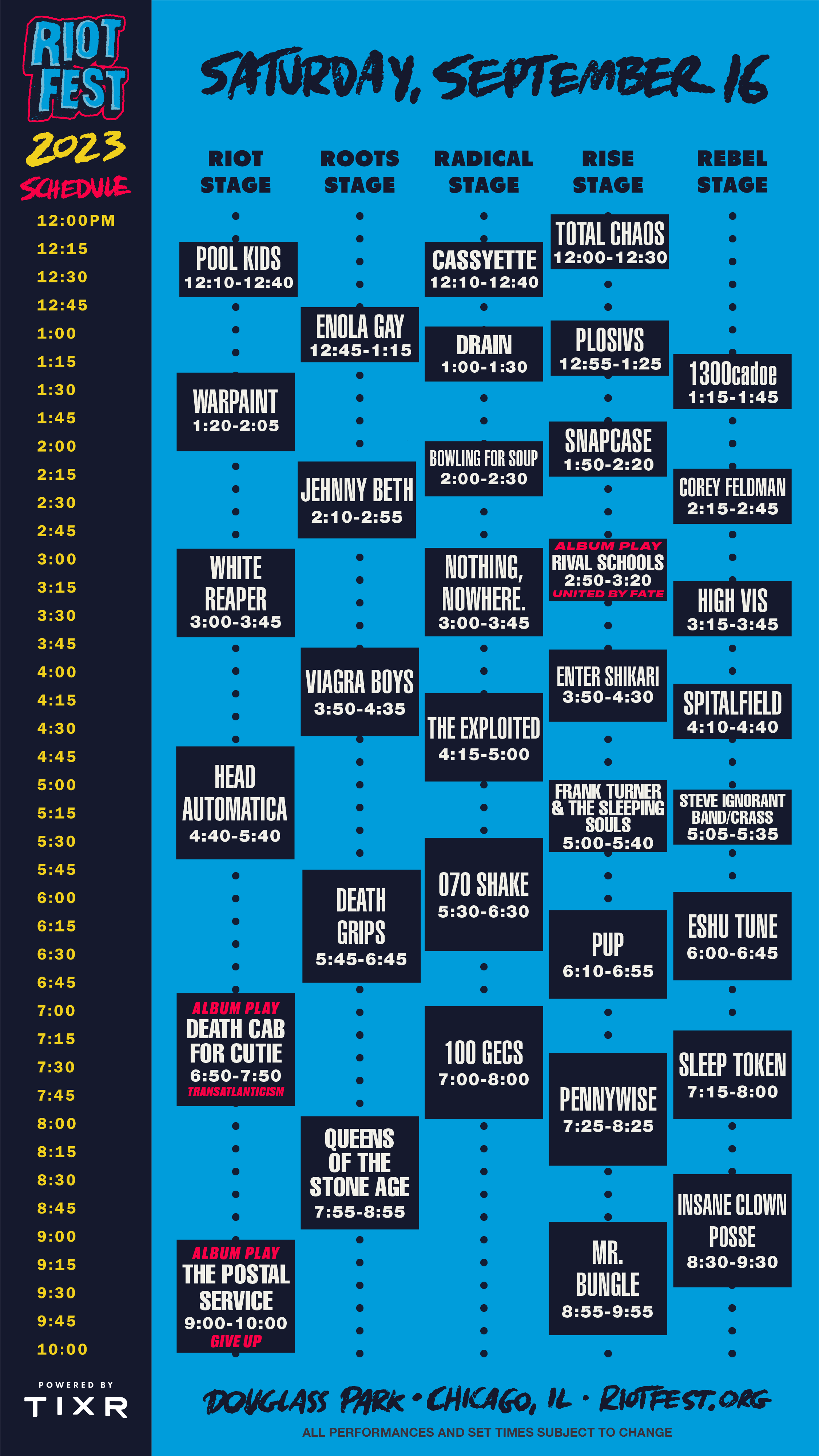 Riot Fest 2023 By Day Schedule for Saturday