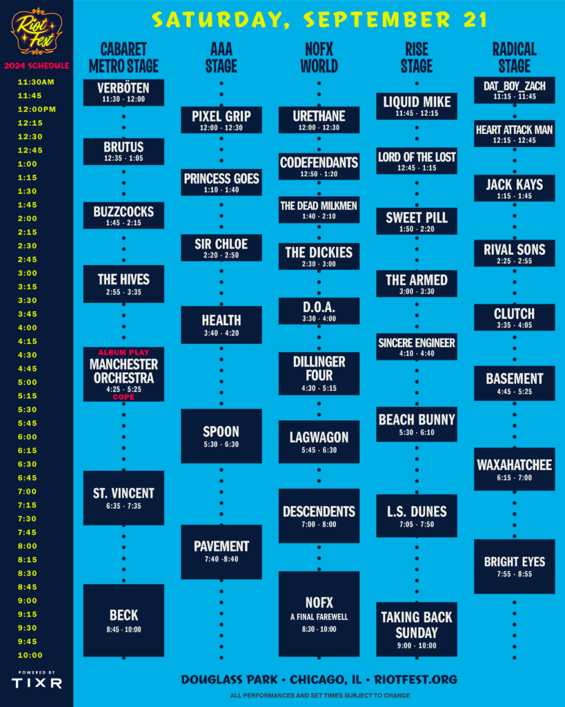 Riot Fest 2024 Saturday Schedule