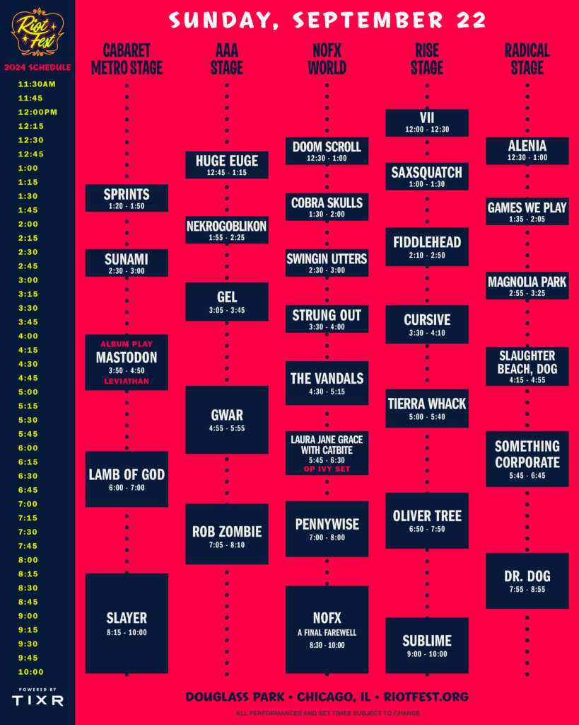 Riot Fest 2024 Sunday Schedule