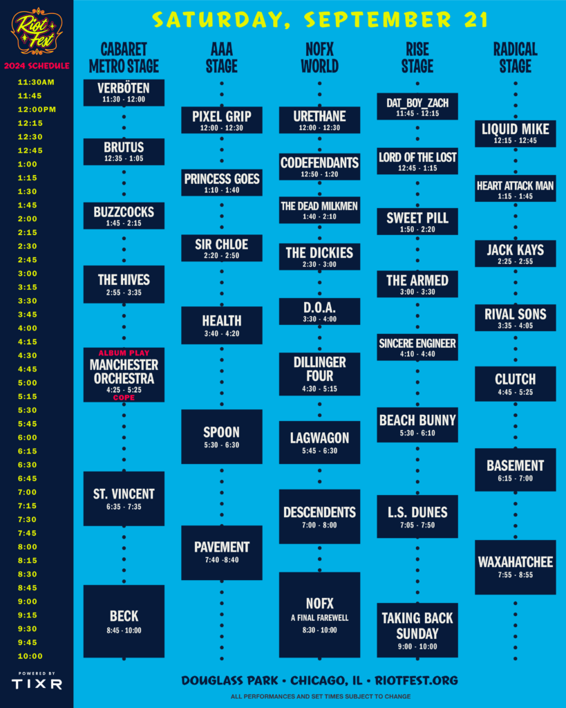 Riot Fest 2024 Saturday Schedule